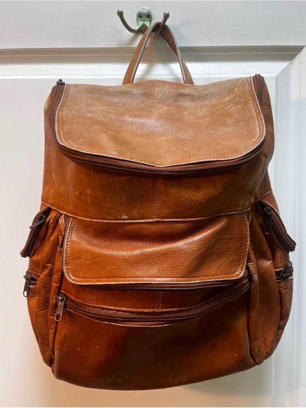Vintage all Leather Backpack Tote in whiskey brown